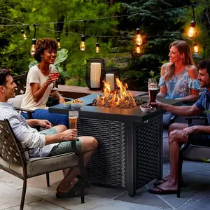 FathersDayGift Glass Mirror Fire Pit Table – 28" Rectangular Propane Outdoor Fire Table with Auto-Ignition, Adjustable Flame & ETL Certification | Brown PE Rattan Frame & Glass Wind Guard