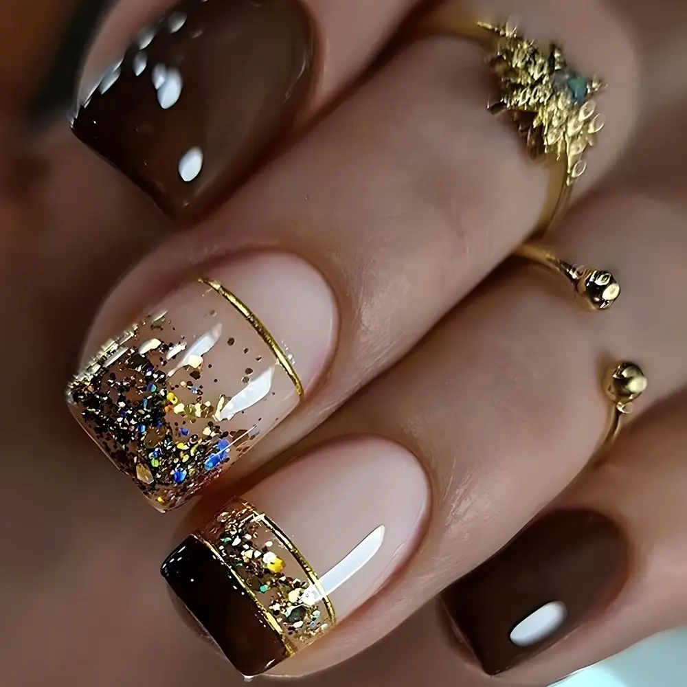 French-Style Press-On Nail Tips, Tan with Gold Leaf Nail Art Decoration for a Flawless Finish, for Special Occasions & Everyday Use, Enhances Any Nail Art