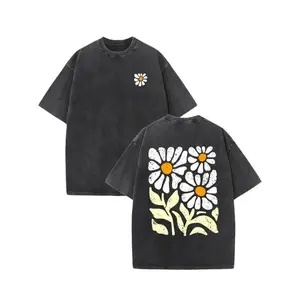 Unisex Vintage Washed Pattern Print T-Shirt - Floral Print Design, Vintage Washed Look, Crew Neck Short Sleeves, 230g Washed Cotton, Comfortable Casual Summer T-Shirt, Regular Fit, Machine Washable Unisex Apparel