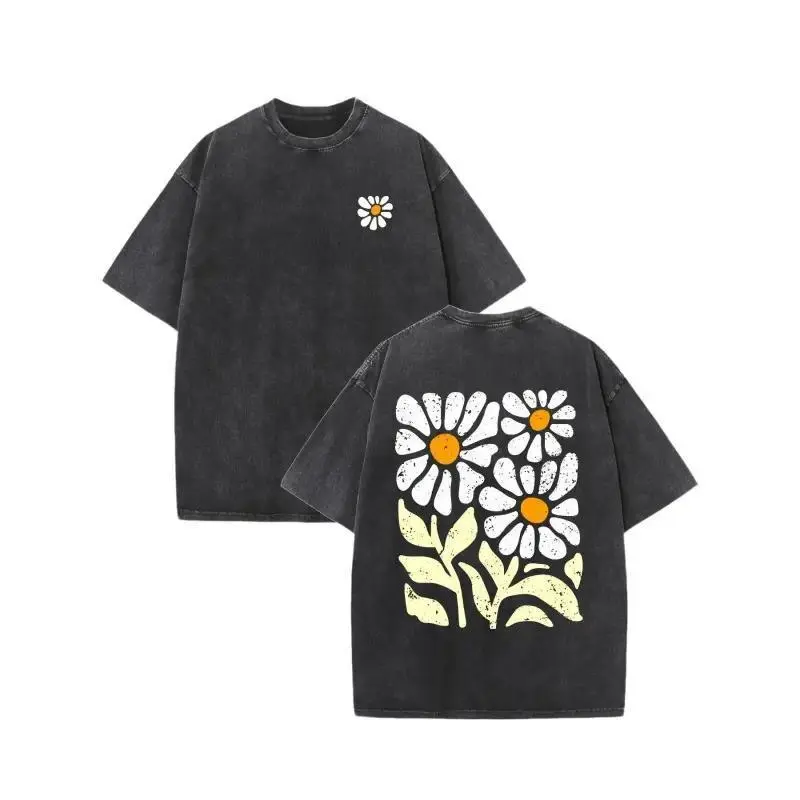 Unisex Vintage Washed Pattern Print T-Shirt - Floral Print Design, Vintage Washed Look, Crew Neck Short Sleeves, 230g Washed Cotton, Comfortable Casual Summer T-Shirt, Regular Fit, Machine Washable Unisex Apparel