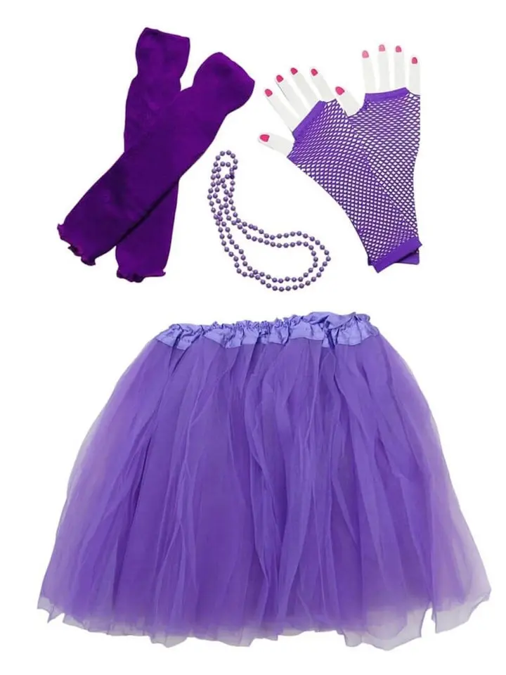 Women's 80s Outfits in Neon Purple - 4 Piece Costume in Adult & Plus Size, Decade Party 1980s Dress Up or Halloween Fun