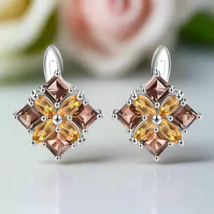 Citrine & Smoky Quartz Flower Stud Earrings