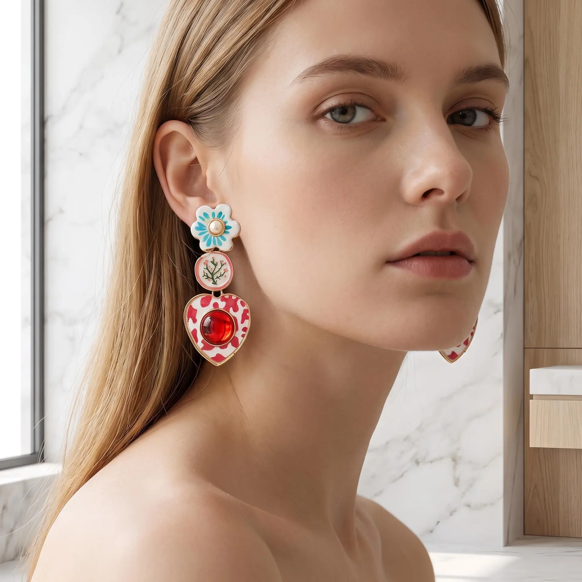 Vintage Floral Heart Drop Earrings Red Enamel Cow Print Dangle Earrings Cute Handmade Flower Jewelry Gift for Women