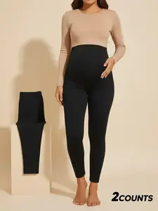 Women's Maternity Leggings 2-Pack - High-Waisted Over-the-Bump Pregnancy Pants with Soft Stretch Fabric, No-Roll Waistband for All-Day Comfort - Black Prenatal Maternity Clothing Pregnancy Clothes