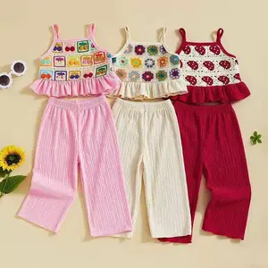 Toddler Girls Two Piece Outfits Crocheted Flowers Fruit Ruffled Camisole Tops Elastic Waist Long Pants Baby Children Summer Clothes