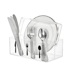Acrylic Utensil Caddy with Handle, Plastic Silverware Organizer and Flatware Holder, Paper Plate Dispenser for Kitchen Countertop, Parties, Outdoor Picnic