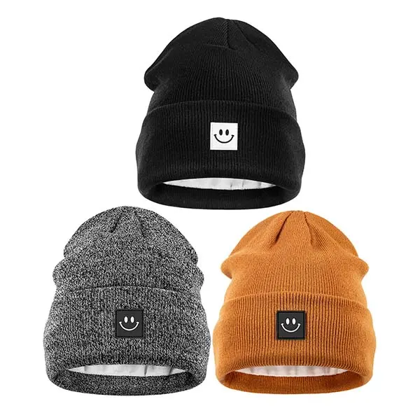 Winter Beanie Hats for Women Men 3Pack,Fleece Lined Womens Winter Hats with Smiley Face,Warm Cute Beanie for Cold Weather