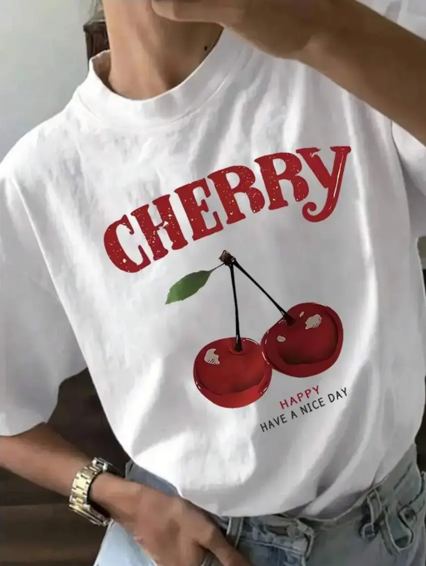 Cherry and Letter Print TShirt with Round Neck Short Sleeves Casual Top for Women Spring