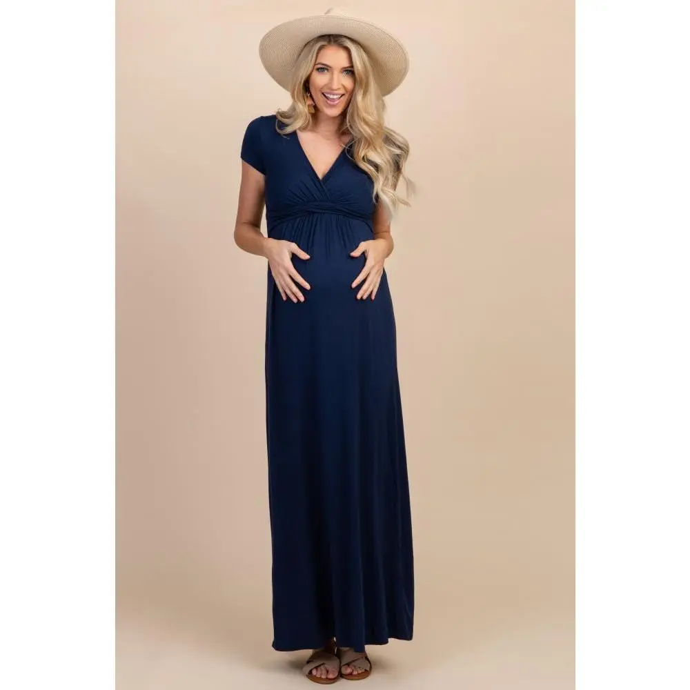 PinkBlush Petite Navy Draped Maternity/Nursing Maxi Dress