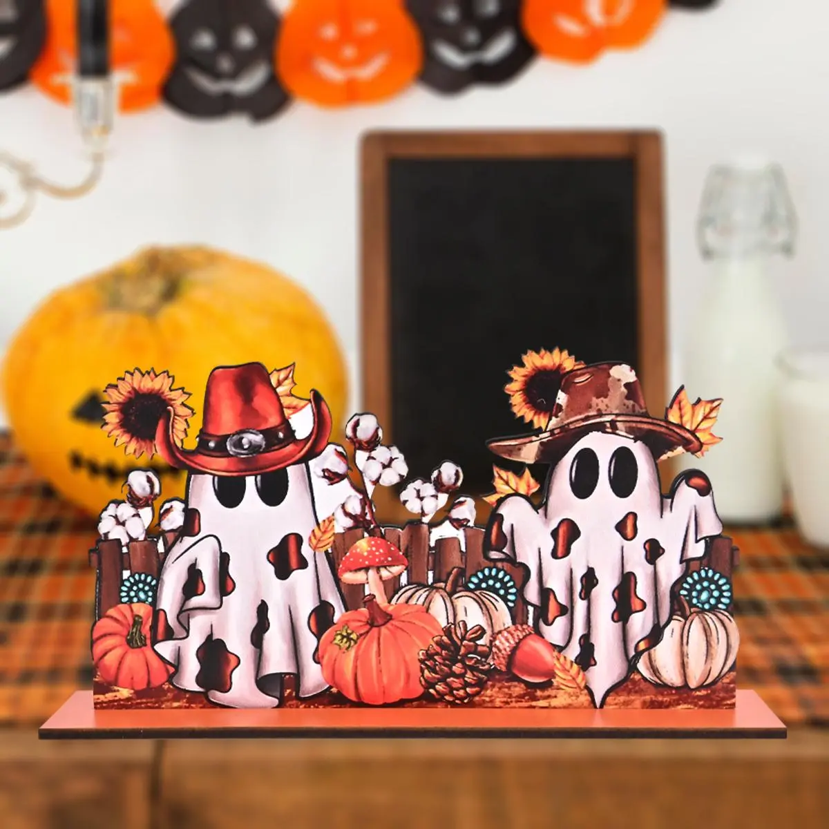 Halloween Ghost Pattern Centerpiece, Cute Halloween Party Decor for Home Living Room Bedroom Fireplace Shelf, Fun Kids Halloween Decor, Ornaments