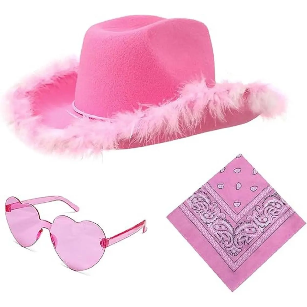 Women's Feminine Western Style Pink Feather Cowboy Hat Set - 1 Accessory Kit with Heart Lenses Sunglasses, Bandanas - Festive Party Supplies, Party Favor, Cosplay Gear for Christmas, Rodeo Events, Gifts, Birthday-Themed Party Hats