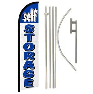 Windless Self Storage Flag & Complete Pole Kit - 11.5x2.5ft Blue & White Polyester Flag, Steel-Aluminum Pole, Home & Festive Party Backdrop Banner Supply