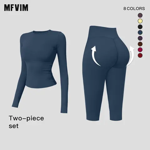 MFVIM Women’s 2-Piece Athletic Yoga Set - Below Knee, 3/4 Length Long Sleeve Crew Neck, Skin-Friendly Nude-Feel Breathable Fabric Workout Sets Women for Fitness