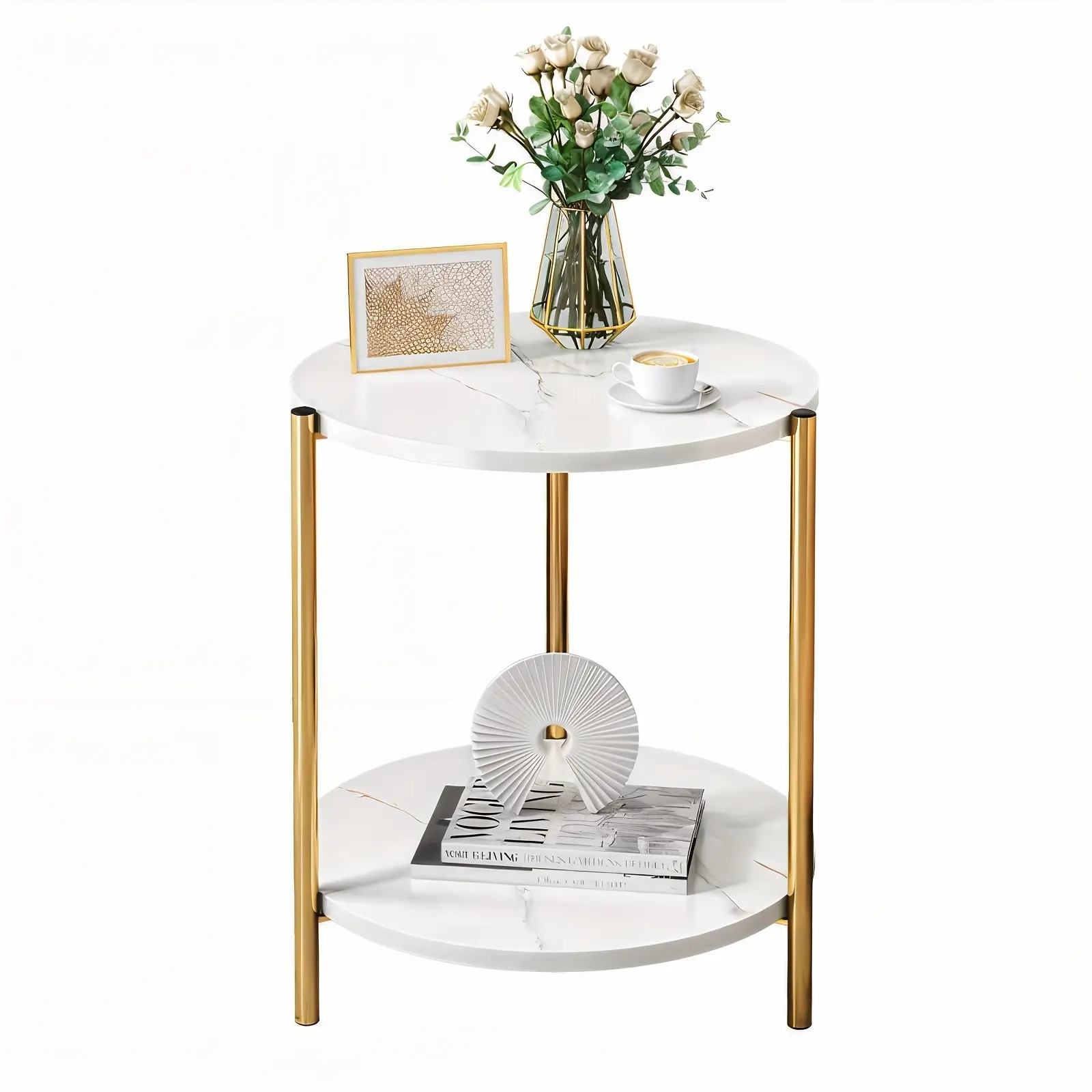 White Marble-Patterned Round Coffee Table, Double-Layer Storage Design, Artistic Modern Roostertail Table in White and Golden, Perfect for Living Room, Bedroom, Daily Use, Decoration, Or as A Gift