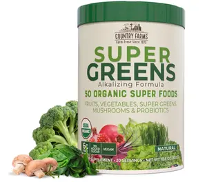 Country Farms Organic Super Greens Natural Flavor, 50 Organic Super Foods, Packed with Fiber, USDA Organic Drink Mix, Fruits, Vegetables, Mushrooms & Probiotics, Supports Energy, 6g Fiber
