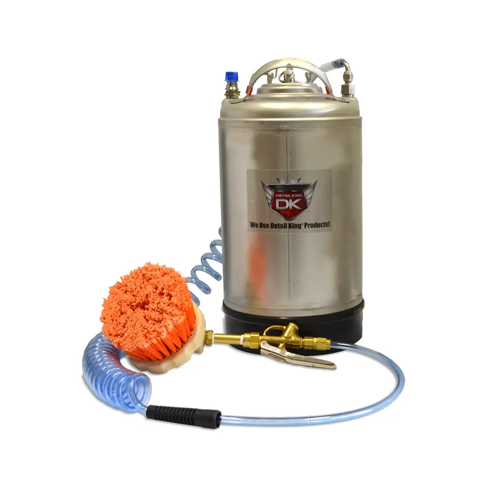 Stainless Steel Tire Shine Applicator Tank, Pressure Feed Tire Dressing Tool with 6” Soft Bristle Brush and Coil Hose for Car Washing & Maintenance, 6” Brush
