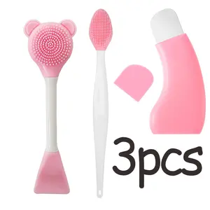 3-piece blackhead shovel cleaning set, manual facial acne and blackhead shovel, bear long-handled double-head silicone face cleansing device, double-sided nose brush, face brush, lip face cleansing stick, mask tool smear