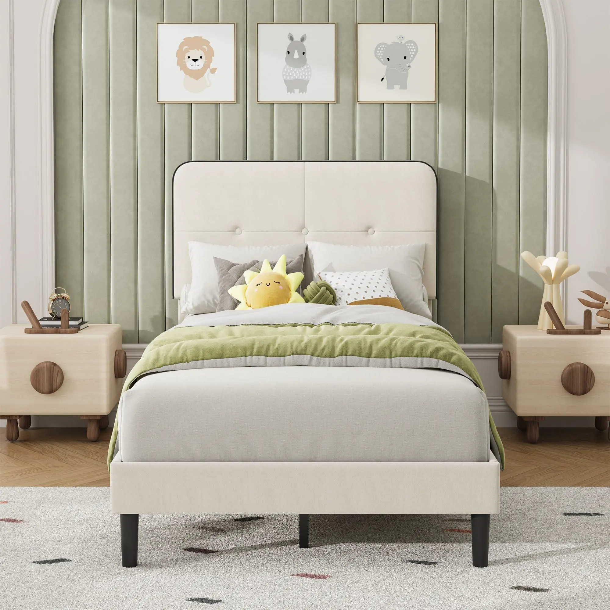 Twin XL Velvet Upholstered Wingback Bed Frame, Adjustable Headboard, No Box Spring Needed, Noise-Free Sturdy Metal Support, Easy Assembly, Easy Setup, White & Black Trim