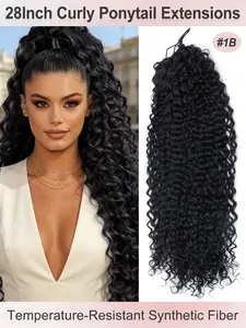 Synthetic Ponytail 28inch Long Curly Wave Drawstring Ponytail Afro Curly Fluffy HairPieces Extension Heat Resistant Clip in Ponytail Wigs For Women Girl Daily Use Ponytail Extensions