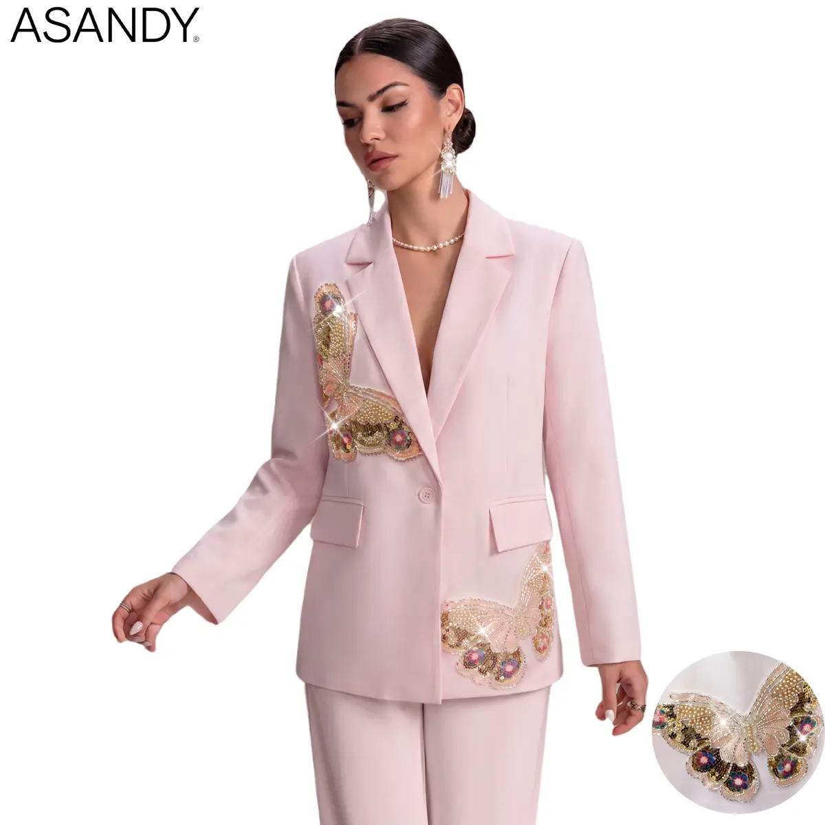 ASANDY Women's Long-Sleeve Sparkly Blush Pink Blazer - Handcrafted 3D Vintage Butterfly Sequin Embroidery, Elegant Versatile Office & Party Jacket with Elegant,Fancy,Feminine,Patterned,Sparkly Suit Vests Elements, Elegant Suit Vests