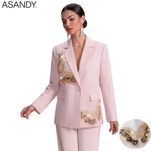 ASANDY Women's Sparkly Long Sleeve Light Pink Blazer - Handcrafted 3D Vintage Butterfly Sequin Embroidery, Elegant Versatile 1-Piece Office & Party Suit Jacket with Stylish Design tiktokshopspringglowup,summervibes