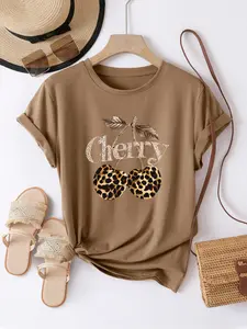 Fashion Leopard Print Cherry Pattern Tee, Women's Everyday Casual Fitted Short Sleeve Top with Letter Print, 100% Polyester for Daily Wear, Twist