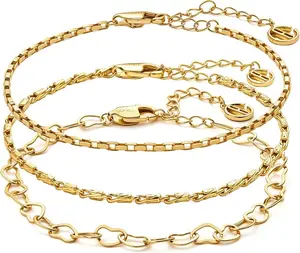 Cicy Bell 18k Gold Plated Bracelets for Women Trendy Dainty Stackable Square Star Wave Bamboo Curb Snake Heart Paperclip Figaro Mirror Chain Link Sets Minimalist Accessories Gifts