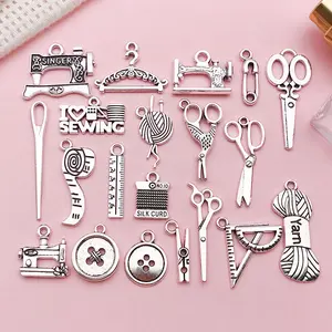 20 Styles Antique Silver Sewing Machine Series Charms - Scissors, Buttons, Needles & Yarn Balls, DIY Jewelry Pendant Findings & Craft Accessories