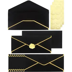 Business V-Flap Envelopes Gold Border 30 Pack #10 150gsm Paper Standard Envelopes with Gold Stickers for Office Checks Letter Mailing 9.45 x 4.13 Inches Black