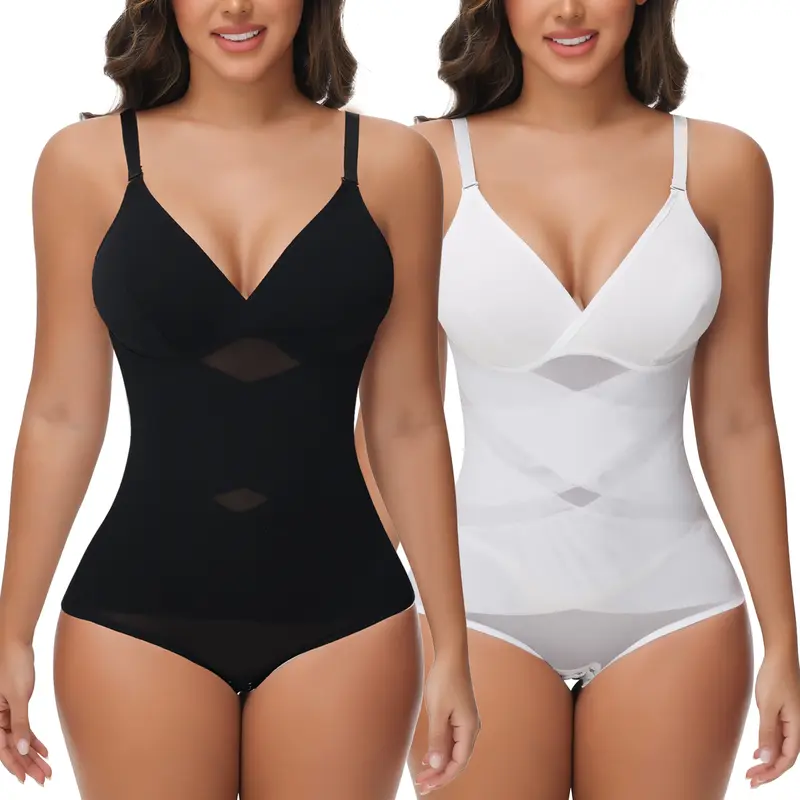 Women's Shapewear Bodysuit with V-Neck and Contrast Mesh - Elastic Spandex Faja for Tummy Control, Butt Lifting & Compression, Faja Body Shaper, Bodysuit For Women, Waist Trainer Body Shape, Lady, Fashion Apparel, Wedding, Casual