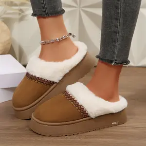 Women's Warm Fuzzy Platform Slippers Faux Fur Trimmed Casual Slip-On Shoes for Home & Outdoor