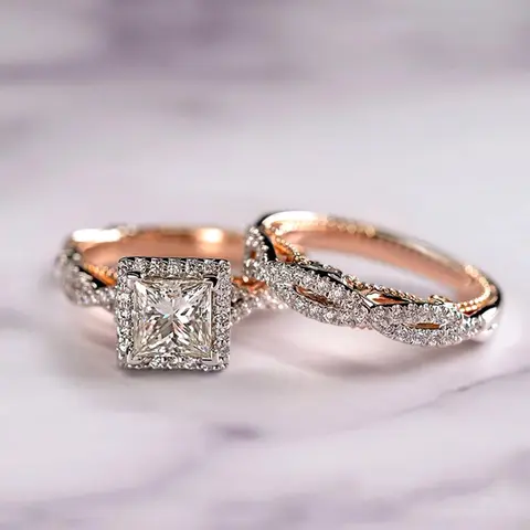 2 Pcs/Set Fashion Cubic Zirconia Promise Ring Set Fashion Engagement Rings For Women Elegant Fashion Rings For Wedding Party Jewelry Gift Artificial Zircon Rings