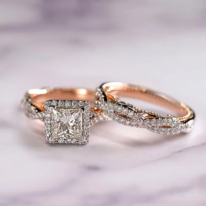 2 Pcs/Set Fashion Cubic Zirconia Promise Ring Set Fashion Engagement Rings For Women Elegant Fashion Rings For Wedding Party Jewelry Gift Artificial Zircon Rings