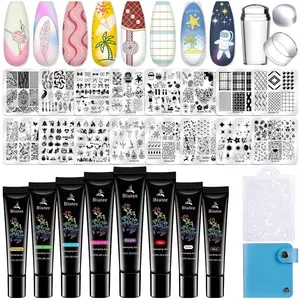Nail Stamping Kit 12Pcs Nail Art Stamp Plates 8 Colors Stamping Polish Gel Silicone Stamper Scraper with Storage Bag, Nail Stamping Plate Lace Star Rose Plaid Template Holiday Design Gift