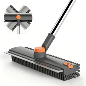 3-in-1 Floor Scrub Bathtub Brush with Long Handle, Double-Sided, Heavy-Duty Stiff Bristles & Squeegee – Scrape & Scrub for Shower, Bathroom, Patio, Garage, Kitchen, Wall & Deck – Home Cleaning Essentials