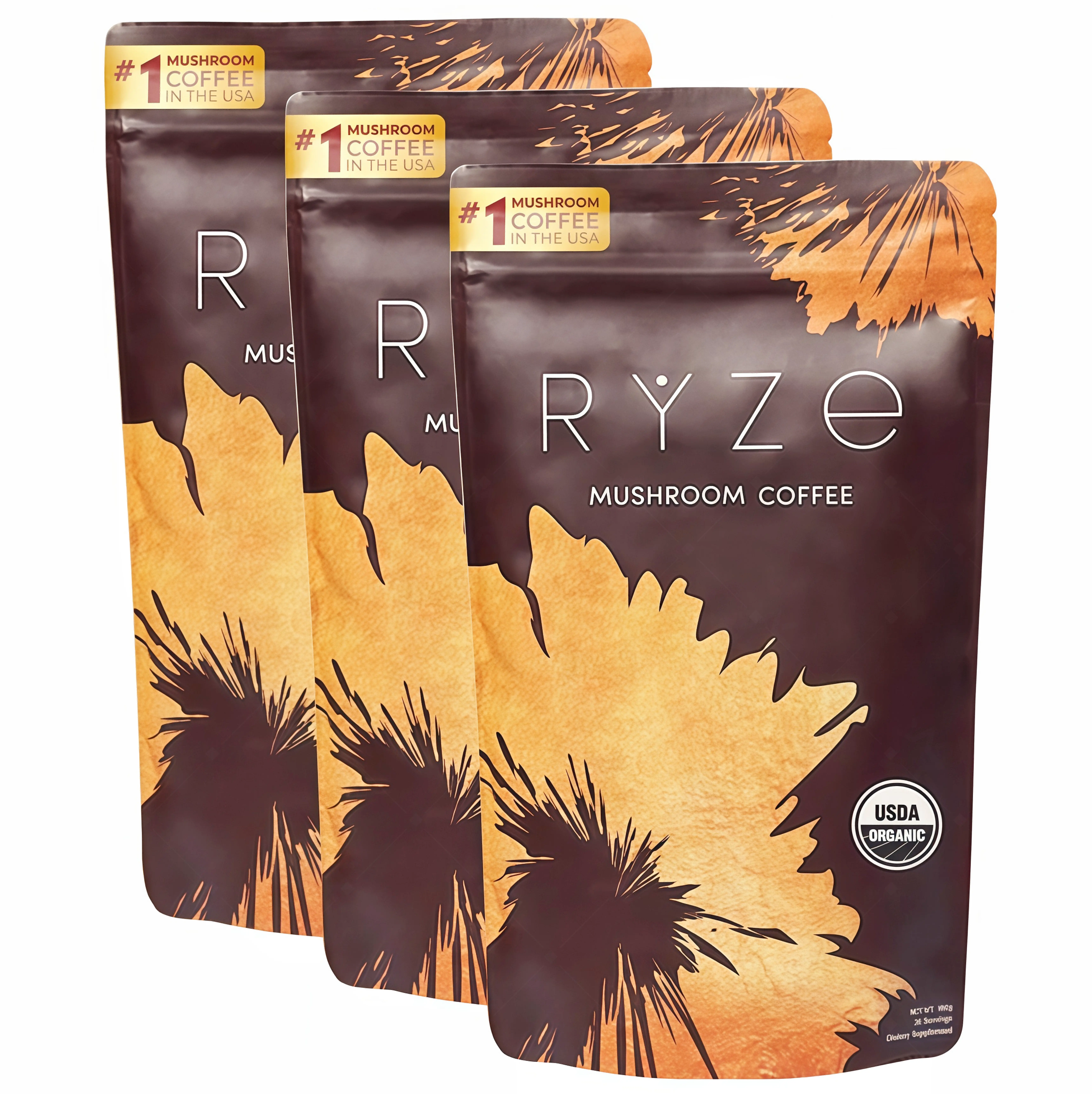 3 Botte RYZE Mushroom Coffee USDA Organic with 6 Adaptogenic Mushrooms and MCT Oil AW USA Grown Instant Coffee for Better Energy, Focus, Digestion, Immunity with Turkey Tail, Shitake, Lion's Mane, 30 Servings Vitamin