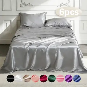6-piece 100% polyester satin bed sheet set, including (1 fitted sheet + 1 flat sheet + 4 pillowcases), complete bedding set, solid color, machine washable - bedroom essentials, suitable for single, double, king, and queen size beds.