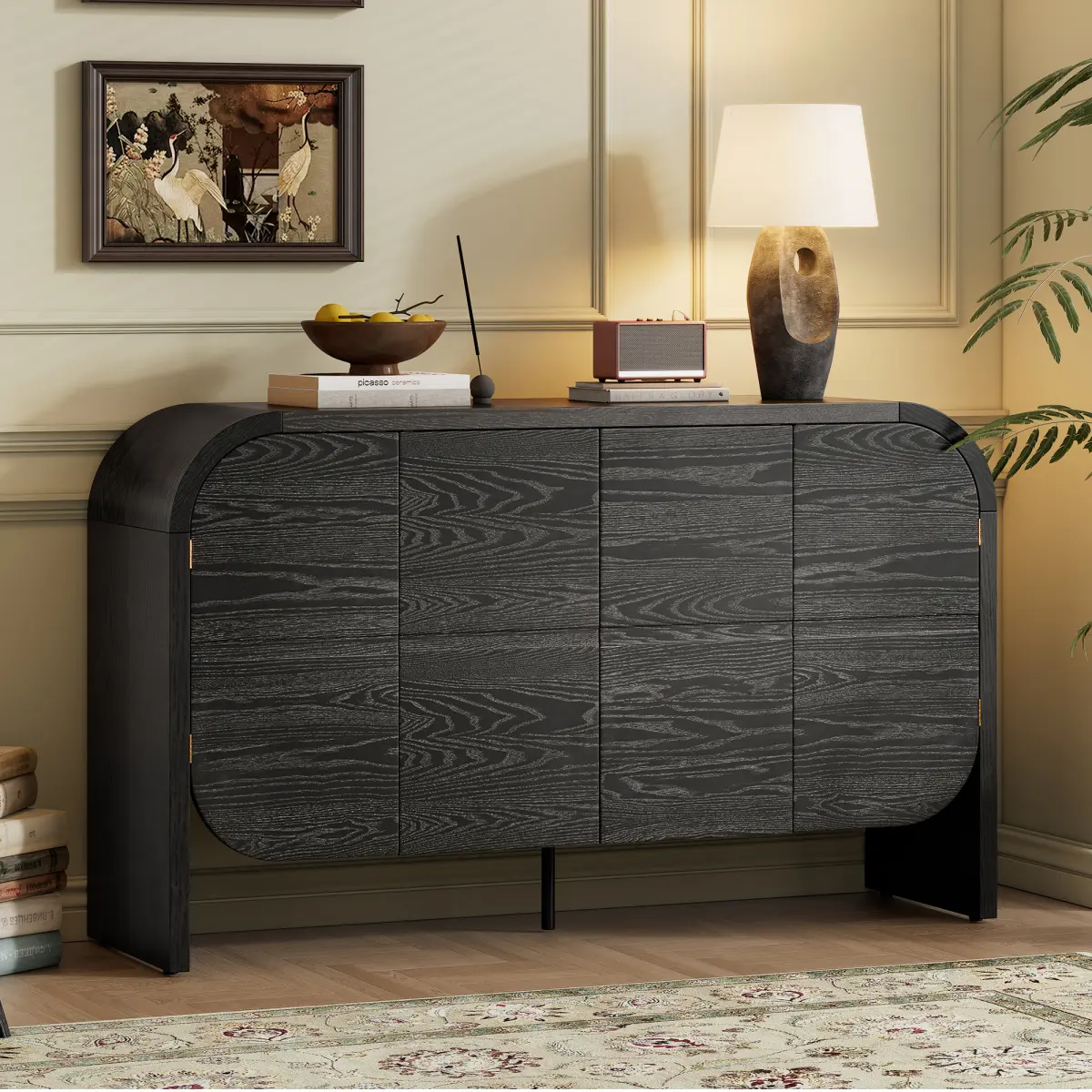 Buffet Cabinet with Storage, Wood Sideboard Cabinet with Curvy Edge, 4 Doors Retro Credenza Storage Cabinet with Adjustable Shelves for Living Room, Kitchen (Black)
