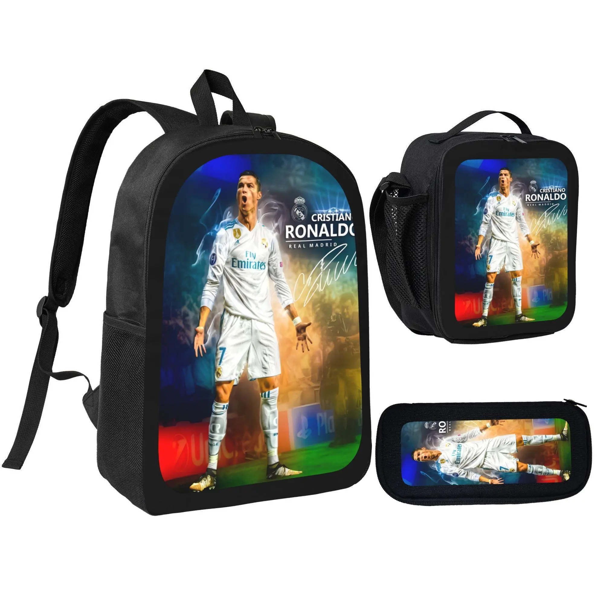 Boys' 3-Pcs Printed Back to School Set Pack, Cristiano Ronaldo Soccer Star Themed Backpack with Lunch Bag & Pencil Pouch for Kids Students Fans