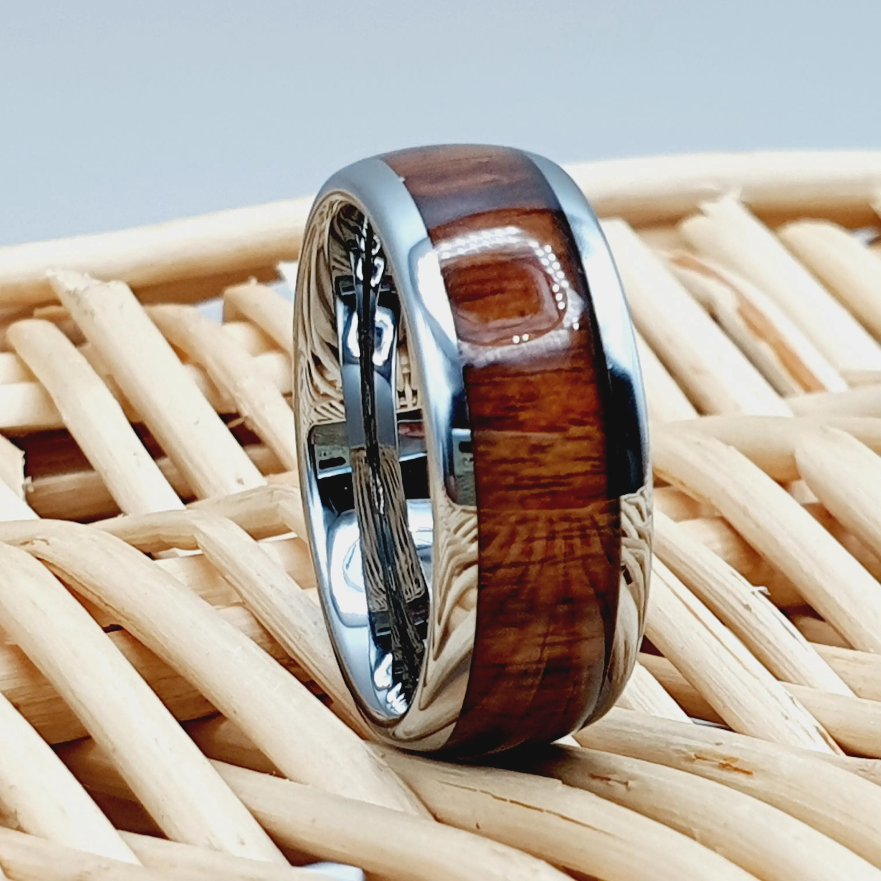 Vintage Hawaiian Koa Wood Wedding Band for Men, 8mm Dome Engagement Ring