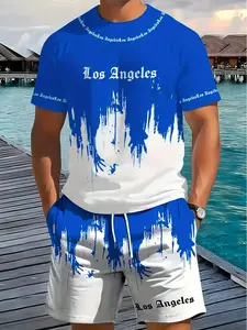 Los Angeles Theme Couple Swimwear Set, Men's Blue Graffiti Print Short Sleeve Shorts, Summer Beach Vacation Streetwear Fashion Casual Two-Piece Vintage