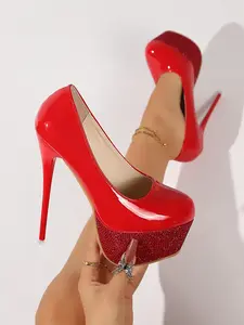 Patent Leather Rhinestone Platform Stiletto Heels, 15cm Ultra High Heels for Nightclub Party Wedding, Sexy Round Toe Pumps
