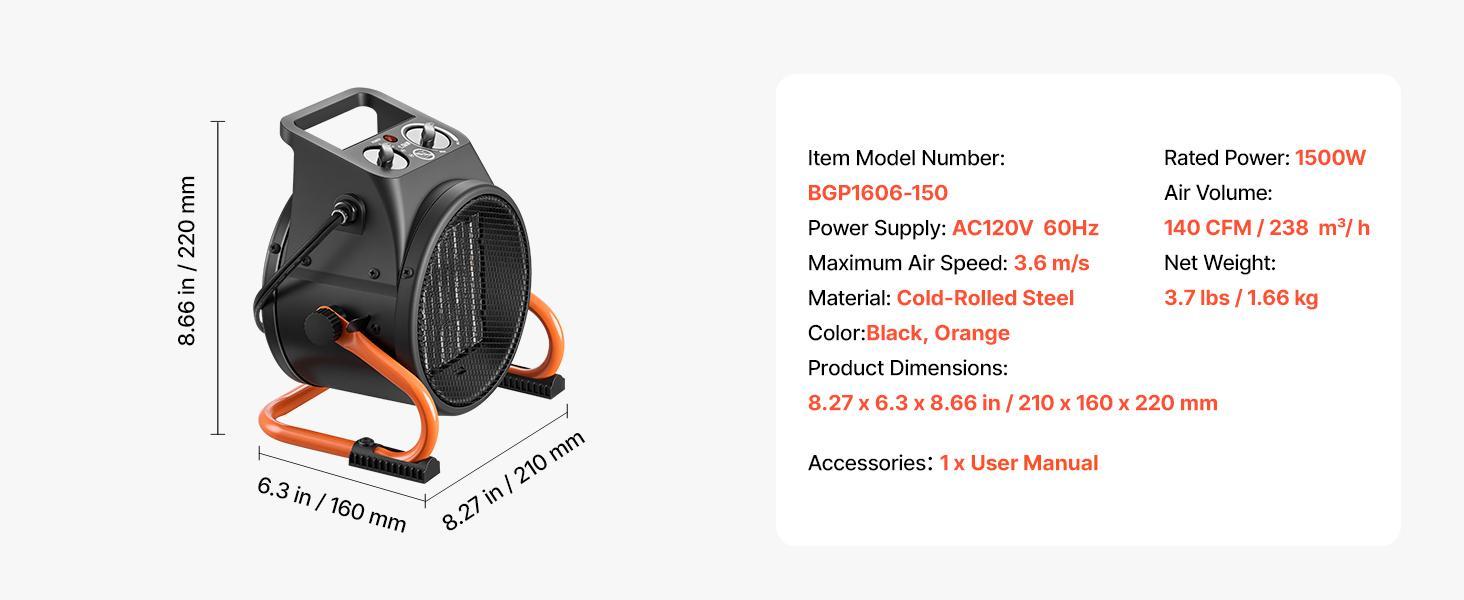 VEVOR 1500W Power PTC Fast Heating Corded Electric Greenhouse Heater with Fan, Steel Housing, Low-High Modes, 15° Angle Aim, Adjustable Temp, Overheat Protection, Grip Handle, Heat & Vent, Portable for Grow Tent, Home Office VEVOR 1500W Power PTC Fast Heating Corded Electric Greenhouse Heater with Fan, Steel Housing, Low-High Modes, 15° Angle Aim, Adjustable Temp, Overheat Protection, Grip Handle, Heat & Vent, Portable for Grow Tent, Home Office