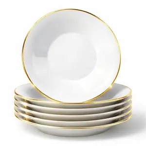 4pcs 8.5 Inch Spinning Soup Plate Luxury Gold Rim Porcelain Deep Dinner Plate Premium Elegant Fine Dinnerware High End White Ceramic Serving Dish for Pasta Salad Soup Wedding Banquet Tableware Set