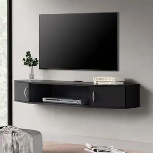 Floating TV Stand Wall Mounted TV Shelf with Door Wood Media Console Entertainment Center Under TV Floating Cabinet Desk Storage Hutch for Home and Office Black