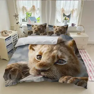 Lion Plush Bedding Set (1 Fitted Sheet + 2 Pillowcases), Soft Breathable Material, Suitable for Bedroom, Guest Room, Hotel, Dormitory