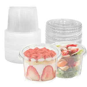 100Pcs 10oz Clear Disposable Plastic Cups With Flat Lids No Hole, Disposable Cups for Cold Drinks, Ice Cream, Pudding, Cake, Snacks