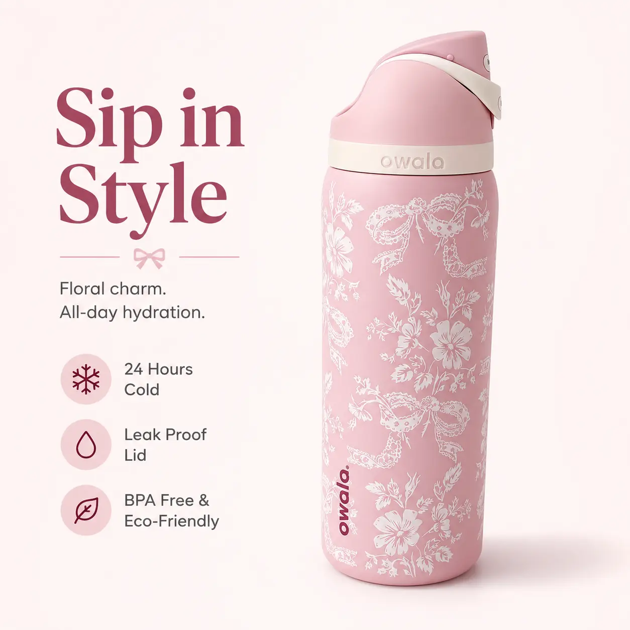 Owala 32oz Pink Floral Bow Print Insulated Water Bottle with Flip-Top Lid, Built-In Straw, Carry Loop, Wide Mouth Stainless Steel Travel Bottle