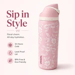 Owala 32oz Pink Floral Bow Print Insulated Water Bottle with Flip-Top Lid, Built-In Straw, Carry Loop, Wide Mouth Stainless Steel Travel Bottle