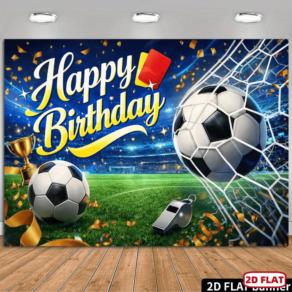 1pc Football Player Graphic 2D Flat Throws Banner - Durable Indoor/Outdoor Soccer Stadium Decor, Birthday Party Backdrop with Happy Birthday Banner, Football Gift Box, Trophy, Confetti, Football Player Graphic Throws